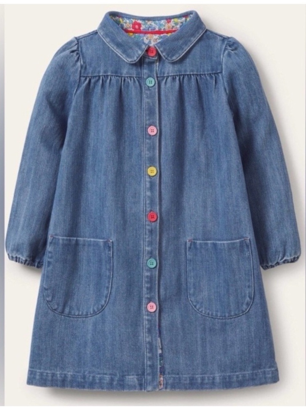 Mini Boden Blue Denim Jacket Dress with Multicolor Buttons Size 3-4Y